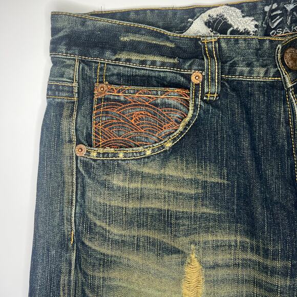 Japanese Big Train Relaxed Fit Distressed Mud Wash Embroidered Denim - Picture 4 of 9